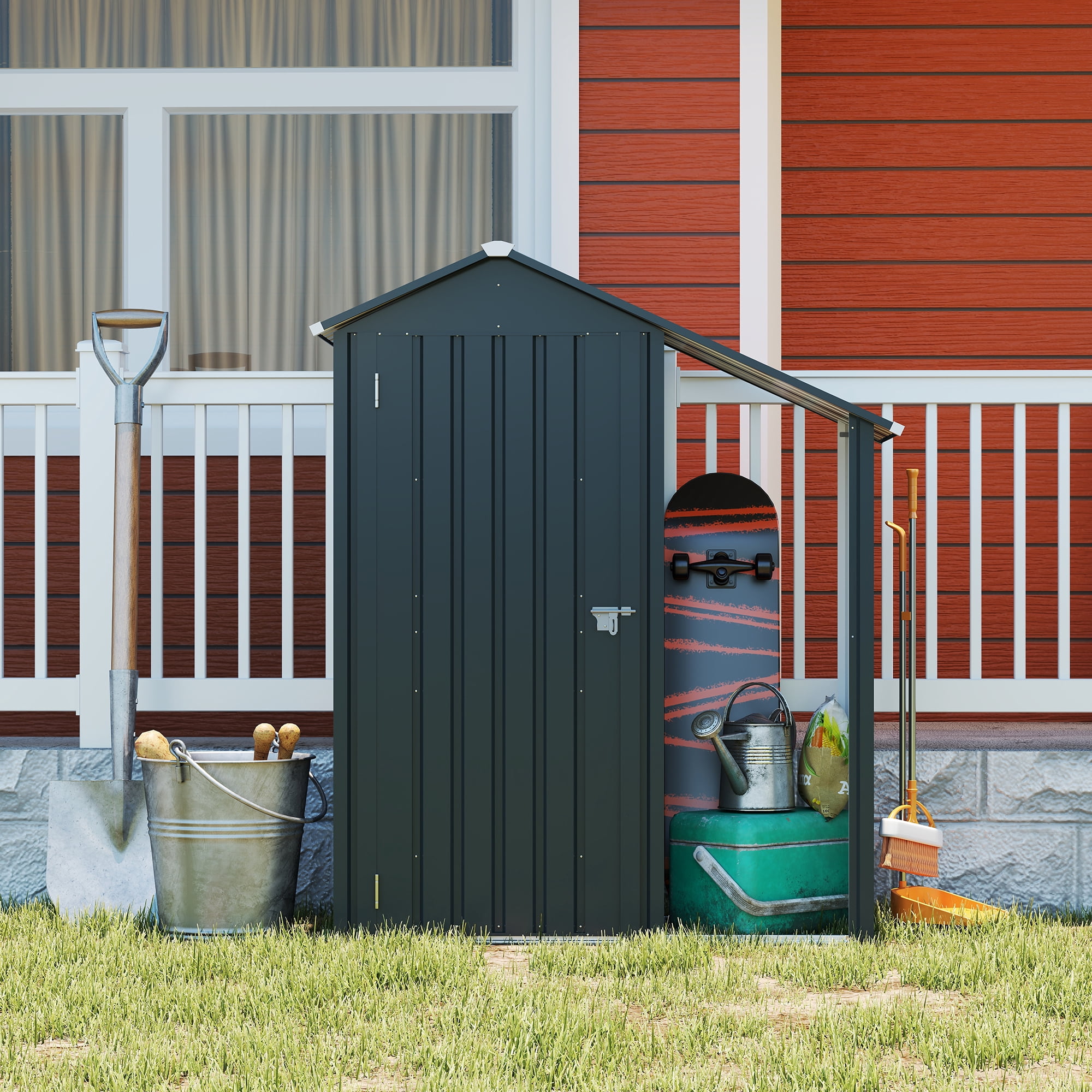 MAYEERTY 2-in-1 Compact Outdoor Storage Shed, Metal Tool Cabinet with Lockable Door & Open Firewood Rack, for Backyard, Patio & Garden