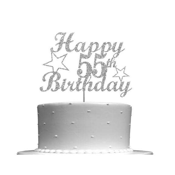 RokAPary 55 Birthday Silver Glitter Cake Topper, Party Decoration Ideas, Sturdy Doubled Sided Glitter, Acrylic Stick. Made in USA