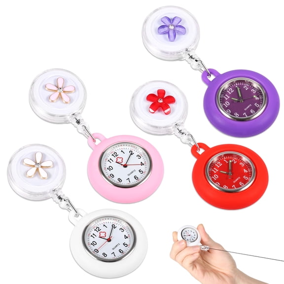 4Pcs Retractable Nurse Watch Portable Clip on Lapel Watch with Silicone Cover for Men Women Travel Student Nurse