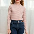 thumbnail image 3 of NORO ARK Girls Striped Mock Neck Long Sleeve Shirts (3-15) Soft Ribbed Knit Slim Basic Layering Fall Casual Acrylic Spandex Tees Pink Size 9, 3 of 6