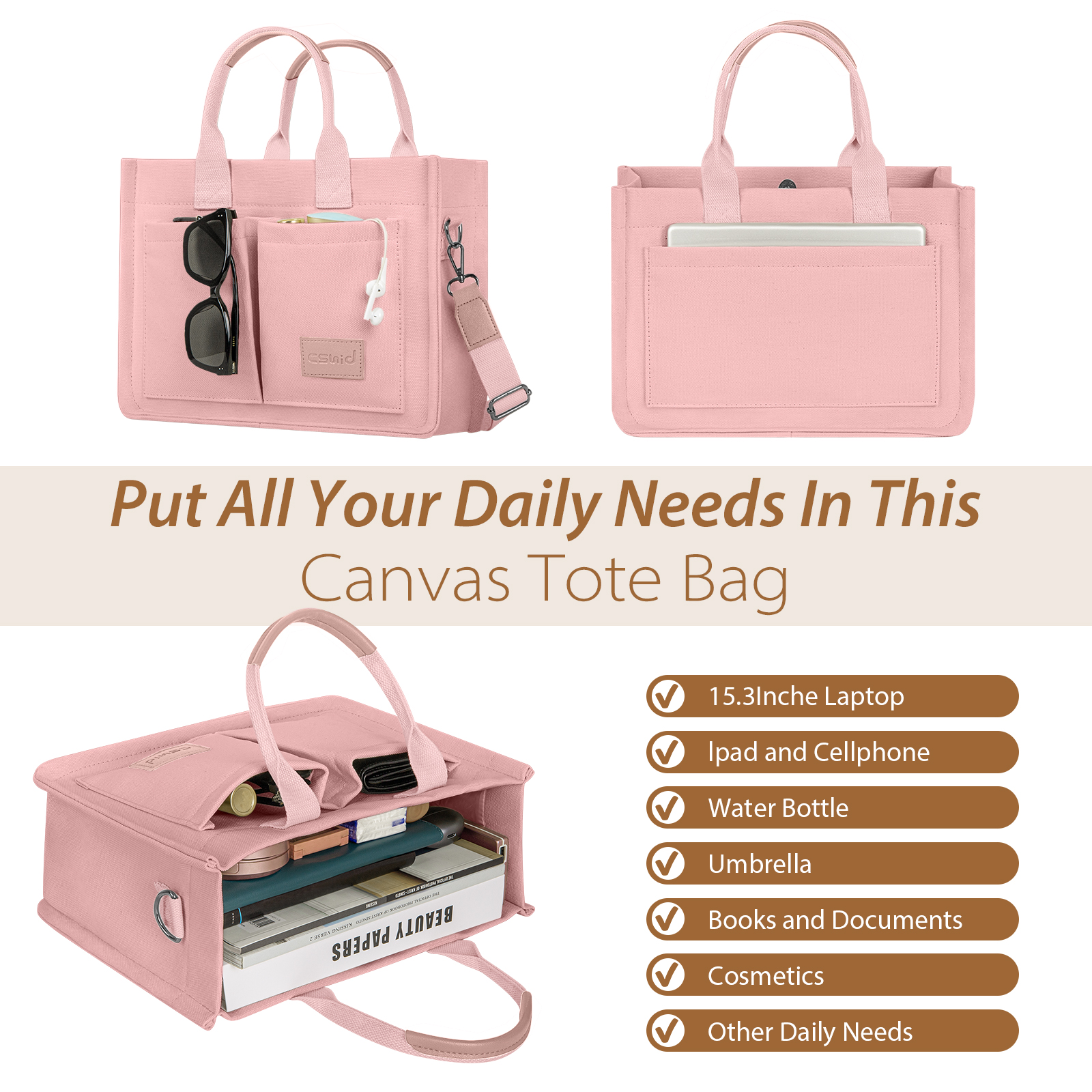 Cshidworld Canvas Tote Bag with Pockets, Pink photo 2
