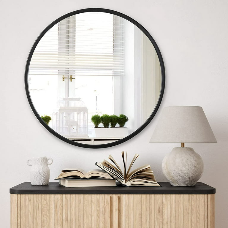 24'' Black Circle Mirror, Round Wall Mirror for Bathroom Vanity, Home Decor Metal Frame Mirror for Entryway Living Room