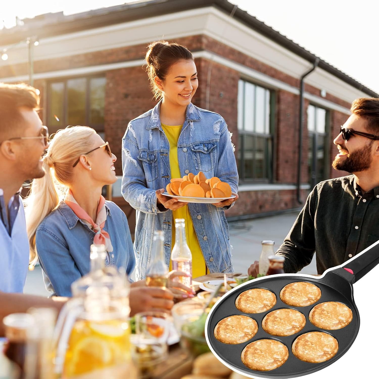 10.5 Inch Nonstick Pancake Pan Maker with 7 Molds, Mini Grill for Breakfast, Crepes, Blini, Oven & Dishwasher Safe