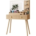 thumbnail image 7 of GOODONE 31.5" Fluted Vanity Desk with Mirror LED Lights, Makeup Desk with 2 Drawers, Dressing Table with Transparent Glass Top Built-in Dividers for Bedroom, 31.5 * 15.7 * 53.8in(Natural Oak), 7 of 7