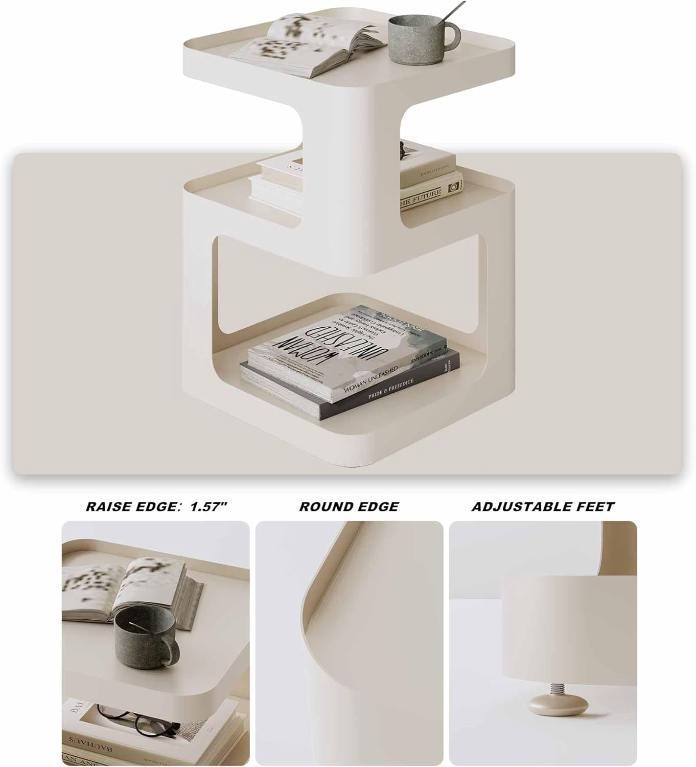 Side Table, Small End Table, Modern Nightstand, Accent Bedside Table, 3 Tier Night Stands, Metal Bed Side Table for Living Room Bedroom Outdoor Entryway, No Assembly Required