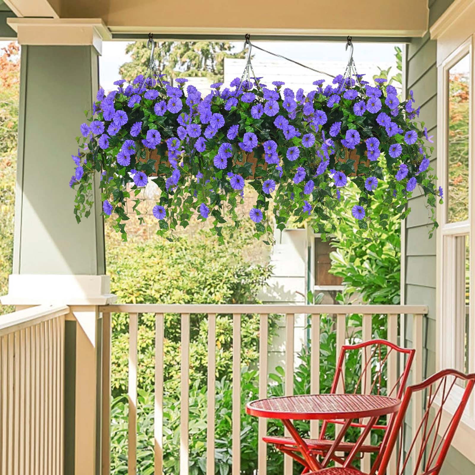 Artificial Hanging Flowers Baskets for Spring Outdoors Decor, Silk Morning Glory in Planter UV Resistant Realistic Outside Flowers for Outdoor Porch Patio Balcony Yard Home