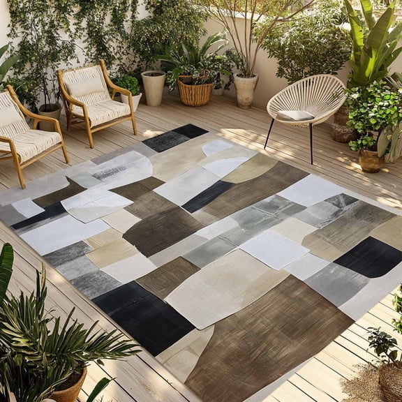 Fsddascl Abstract Gray Brown Outdoor Rug for Patio/Deck/Porch, Non-Slip Large Area Rug 4 x 6 Ft, Oil Painting Simple Art Indoor Outdoor Rugs Washable Area Rugs, Reversible Camping Rug Carpet Runner