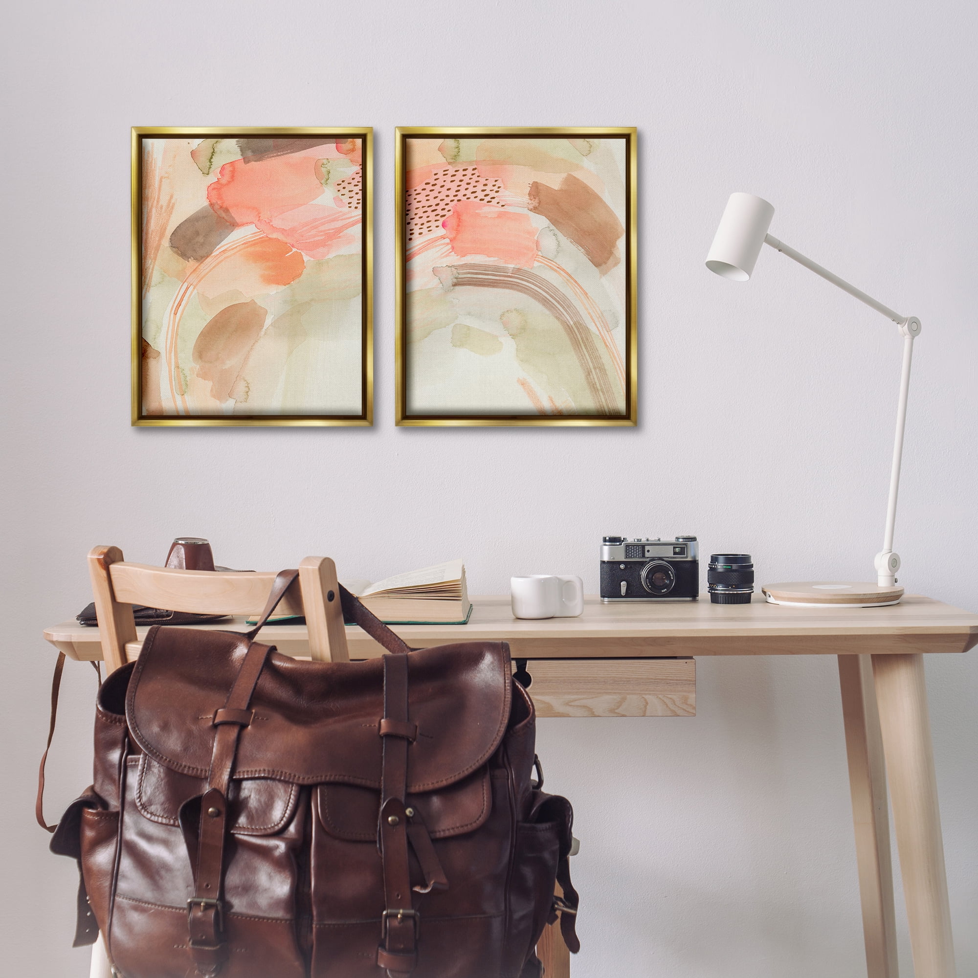 Stupell Industries Pink Peach Abstract Watercolor Abstract Painting Gold Floater Framed Canvas Art Print Wall Art, 17 x 21, Set of 2