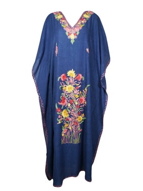 Mogul Women Maxi Caftan Dress Navy Blue Beautiful Floral Embroidered Beach Cover Up Evening Loose Dress 3XL