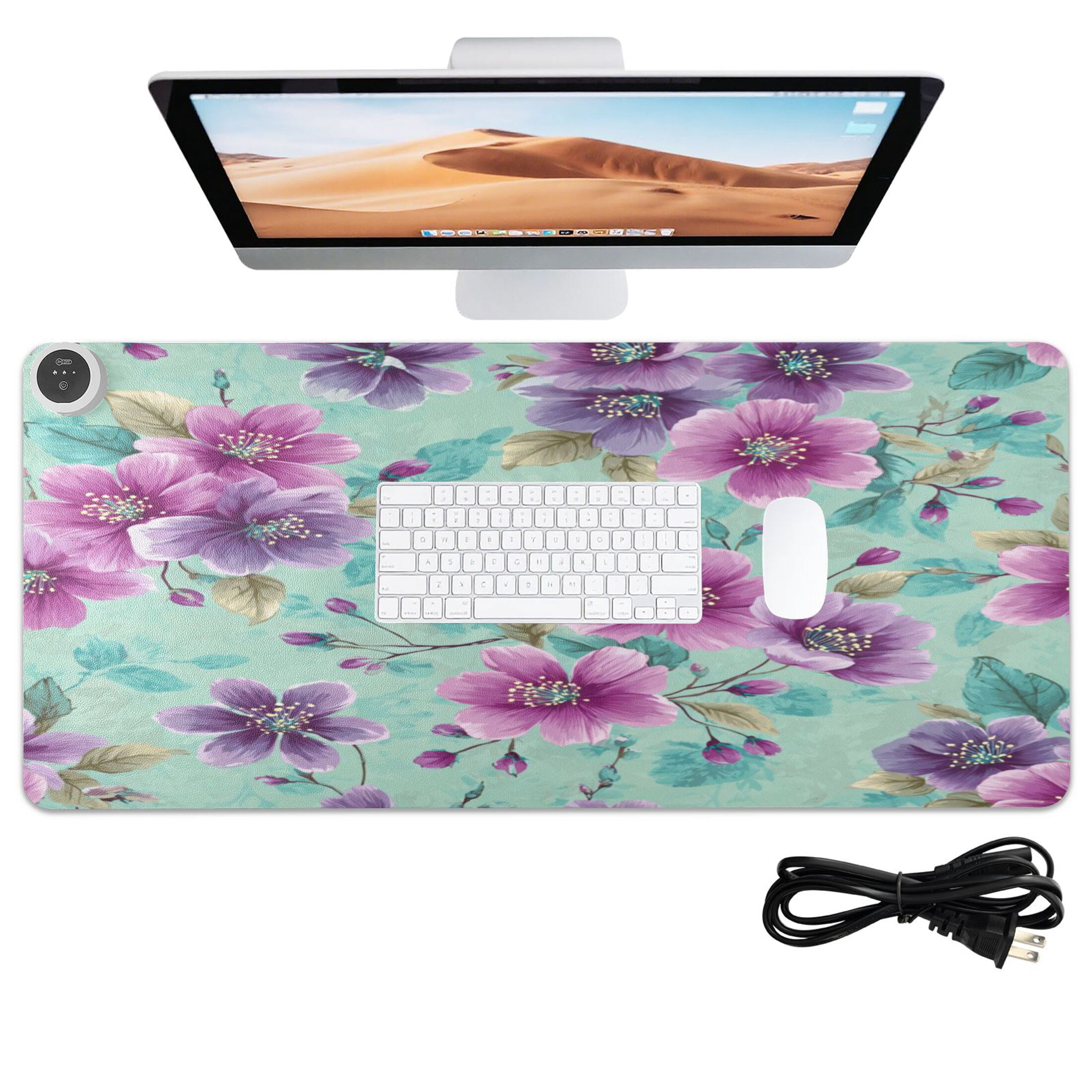 Large Heated Desk Mat Mouse Pad 31.5"x13"PU Leather Graphene Heating Desk Warmer with 3 Temperature Settings 110V US Plug Non-Slip Warm Pad for Home, Office, and Gaming Teal Purple Floral Print