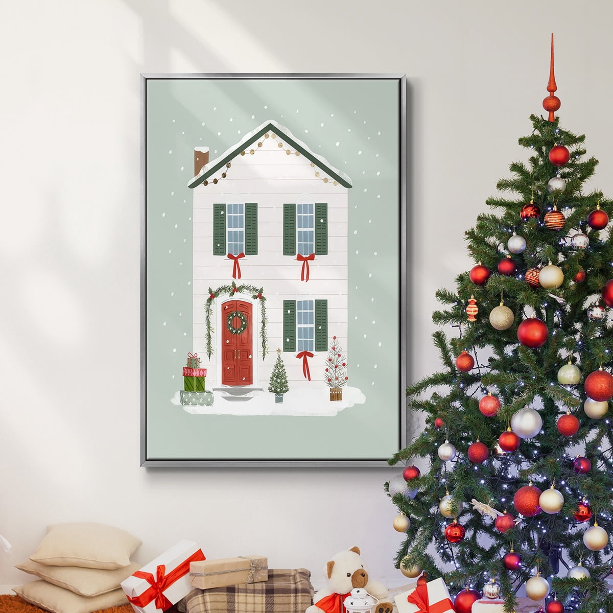 Festive Front Door III - Framed Gallery Wrapped Holiday Canvas - 25 x 37 - Silver Frame