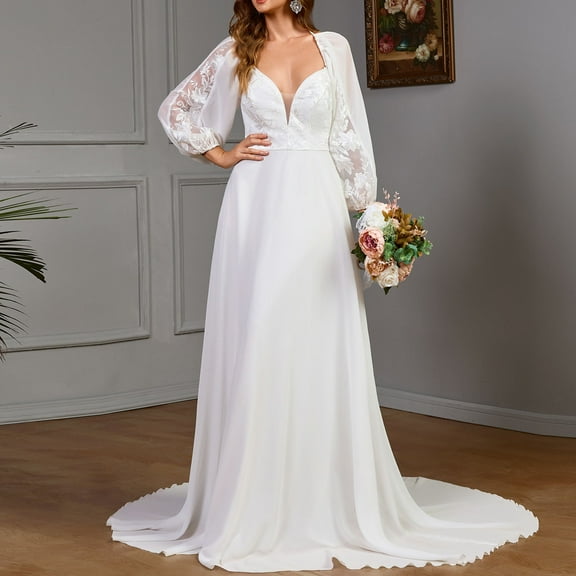 pstuiky Women Dress, Solid Color Cocktail & Party Dresses Maxi Dresses Trendy Long Sleeve V-Neck Wedding Dresses for Women Lace White L