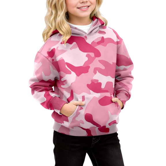 Byoo Toddler Girl Camo Graphic Hoodie Kangaroo Pocket Long Sleeve Hooded Pullover Top Loose Fit Casual Child Sweatshirt