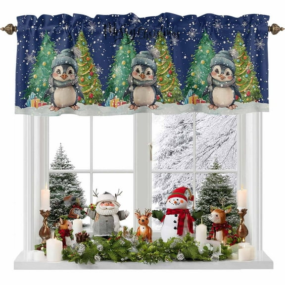 Christmas Penguins with Xmas Tree Valances for Windows,Kitchen Valance Rod Pocket Short Curtain,Winter Snowflake on Blue Valance Curtain Window Valances for Bedroom 54x18in