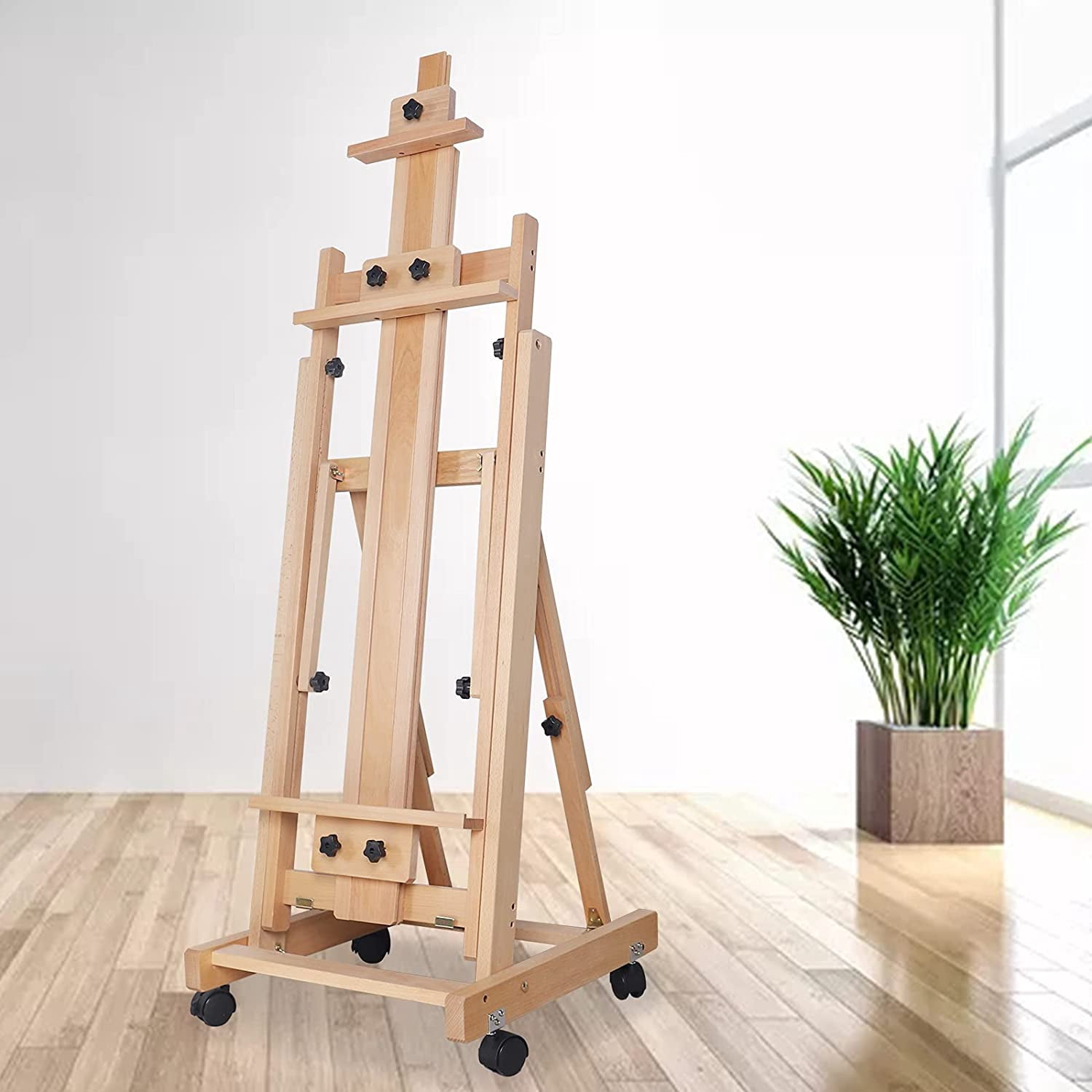 Miumaeov Deluxe Movable H-Frame Studio Easel, Extra Large and Thicken Solid Red Beech Wood Easel Moisture-Proof and Sun-Proof, Height Adjustable Durable Vertical and Horizontal Folding Sketch Easel