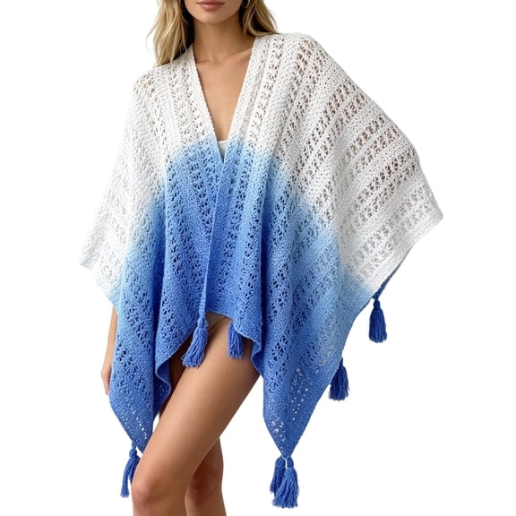 Women's Gradient Color Shawls and Wraps Open Front Poncho Cape with Fringes, Tassel Beach Cover Up
