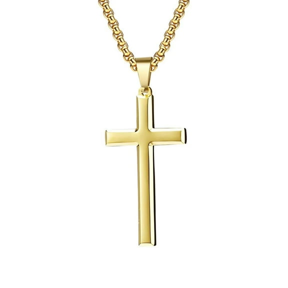 PAMTIER Unisex Stainless Steel Simple Classic Religion Beveled Edges Cross Pendant Couple Amulet Crucifix Necklace Prayer Bless Gold 23.6" Chain