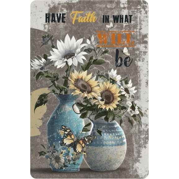 Have Faith in What Will Be Daisy Vintage Tin Sign Bathroom Wall Art Blue Mason Jar Flower Decor Artwork Print Pictures For Gifts, Hanging in Office, Dining Room 12x8 Inches