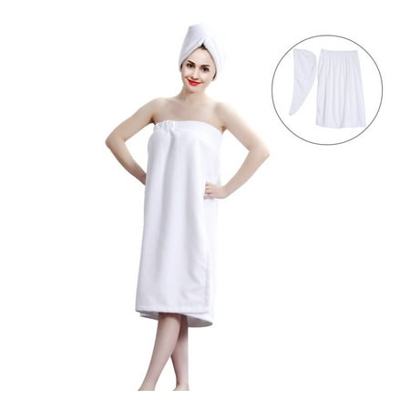 Women's Bath Wrap Set, Adjustable Bathing Bathrobe and Hair Drying Cap Spa Strapless Shower Towel Kits, 35.4 inch/90cm Length (Best Hair Towel Wrap)