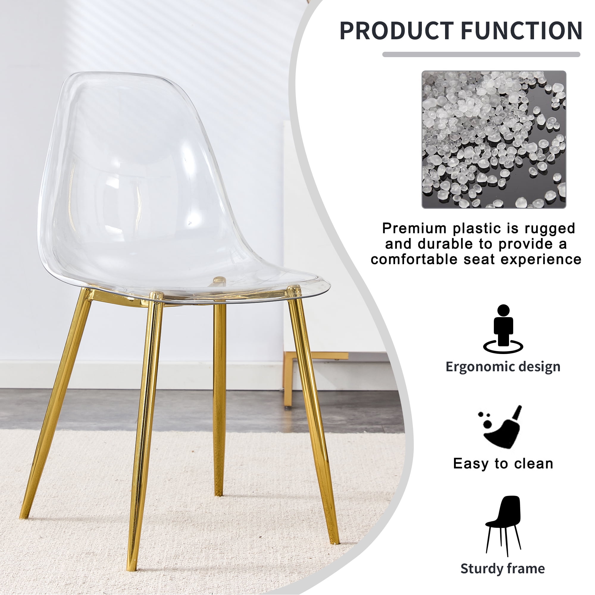 NYEESS Set of 4 Clear Transparent Dining Chairs Armless with Gold Metal Legs Modern Acrylic Side Chairs for Kitchen Dining Room