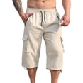 thumbnail image 3 of Long Cargo Shorts for Men Relaxed Fit Drawstring Elastic Waist 3/4 Long Shorts Below Knee Workout Hiking Summer Lightweight Capri Cargo Pants with Pockets Khaki S, 3 of 6