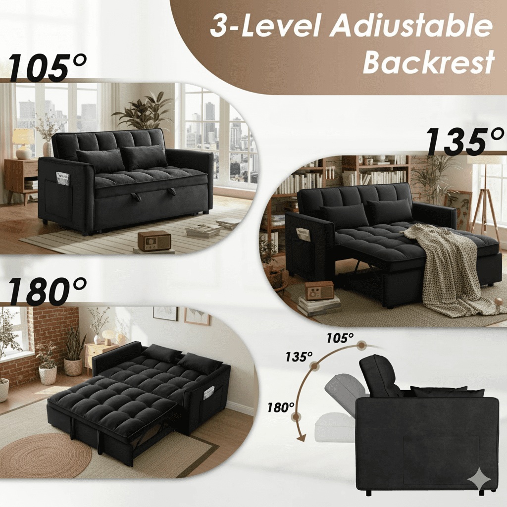3 in 1 Sleeper Sofa Bed, 55" Convertible Pull Out Couch with Adjustable Backrest, Velvet Loveseat Sofa with Side Pockets for Living Room, Bedroom, Apartment, and Small Space (Black)