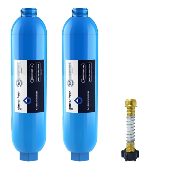 GLACIER FRESH RV Marine Water Filter with 1 Flexible Hose Protector, Greatly Reduces Bad Taste, Odors, Chlorine and Sediment in Drinking Water, 2 Pack