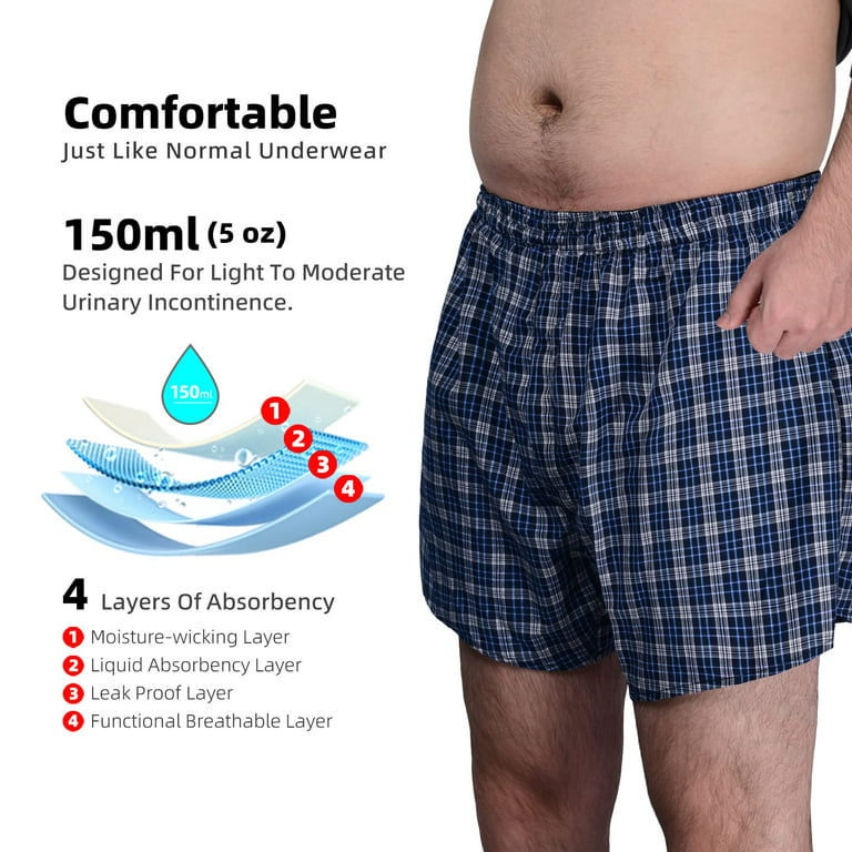 TIICHOO Men's Incontinence Underwear Regular Absorbency Washable Reusable  Urinary Incontinence Leak Proof Boxer Shorts with Front Fly 1 Pack(Large,  Blue Plaid) 