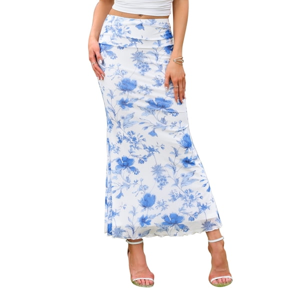 INSPIRE CHIC Summer Maxi Skirt for Women High Waist Floral Mesh Boho Bodycon Fishtail Long Skirts XS White Blue