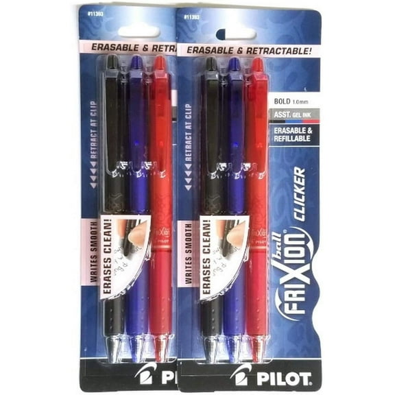 (2) Pilot Frixion Clicker Erasable Pen Black, Blue and Red Gel ink. 3 pack Bold, 1.0 mm,