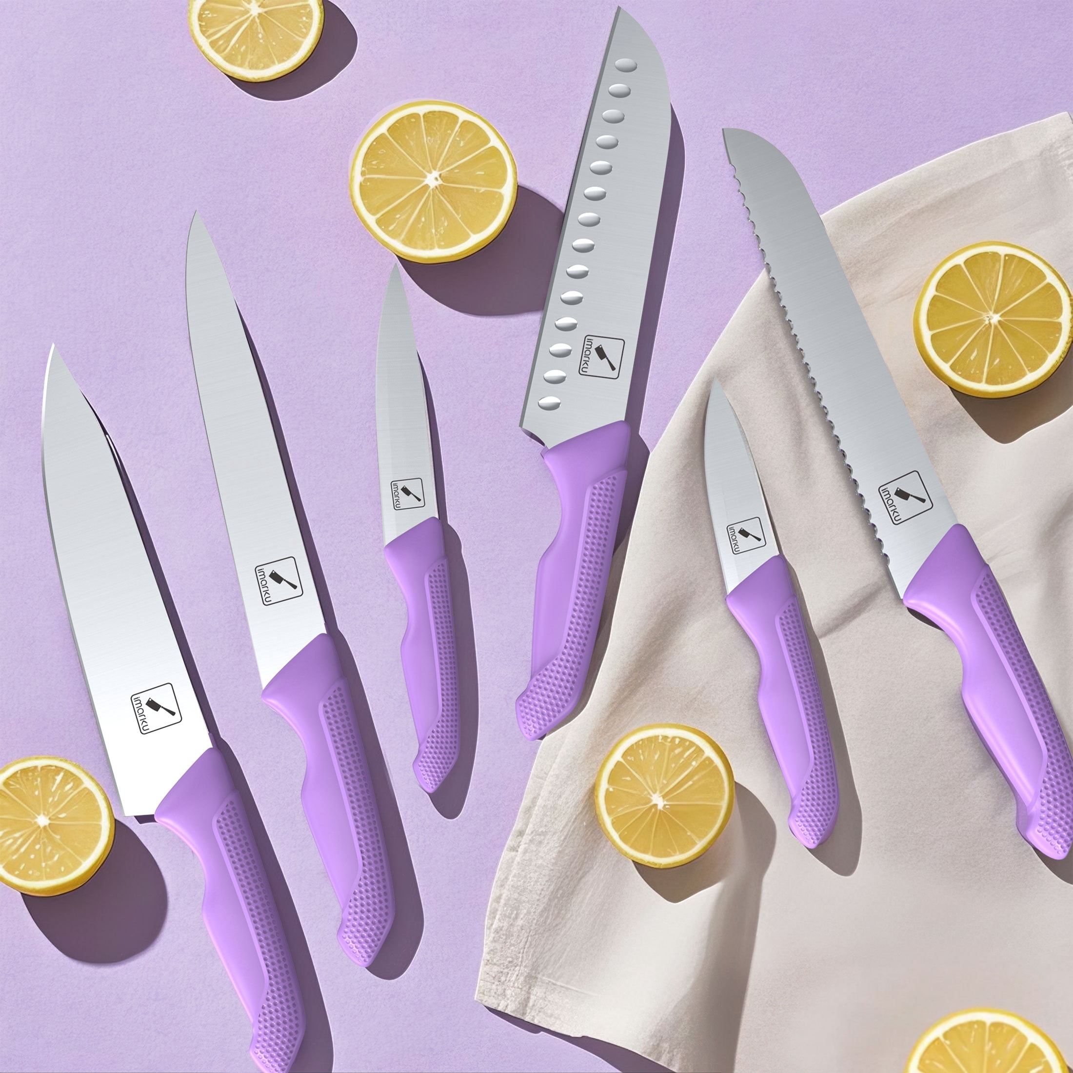 imarku 14-Piece Stainless Steel Kitchen Knife Block Set with Built-in Sharpener and Non-Slip Handles,Best Holiday Gifts,Purple,Fathers Day Gifts