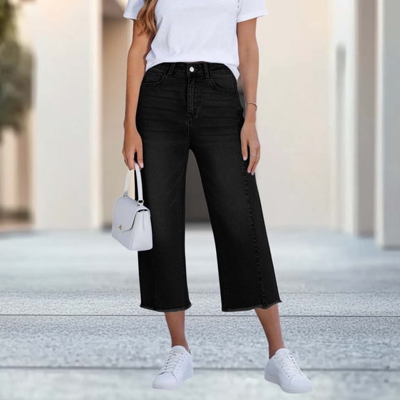 Baeitkot Women's Summer Slim Denim Pants Women's Summer Solid Color Slim Fashion Flattering Button-Up Back Pocket Denim Pants Black S