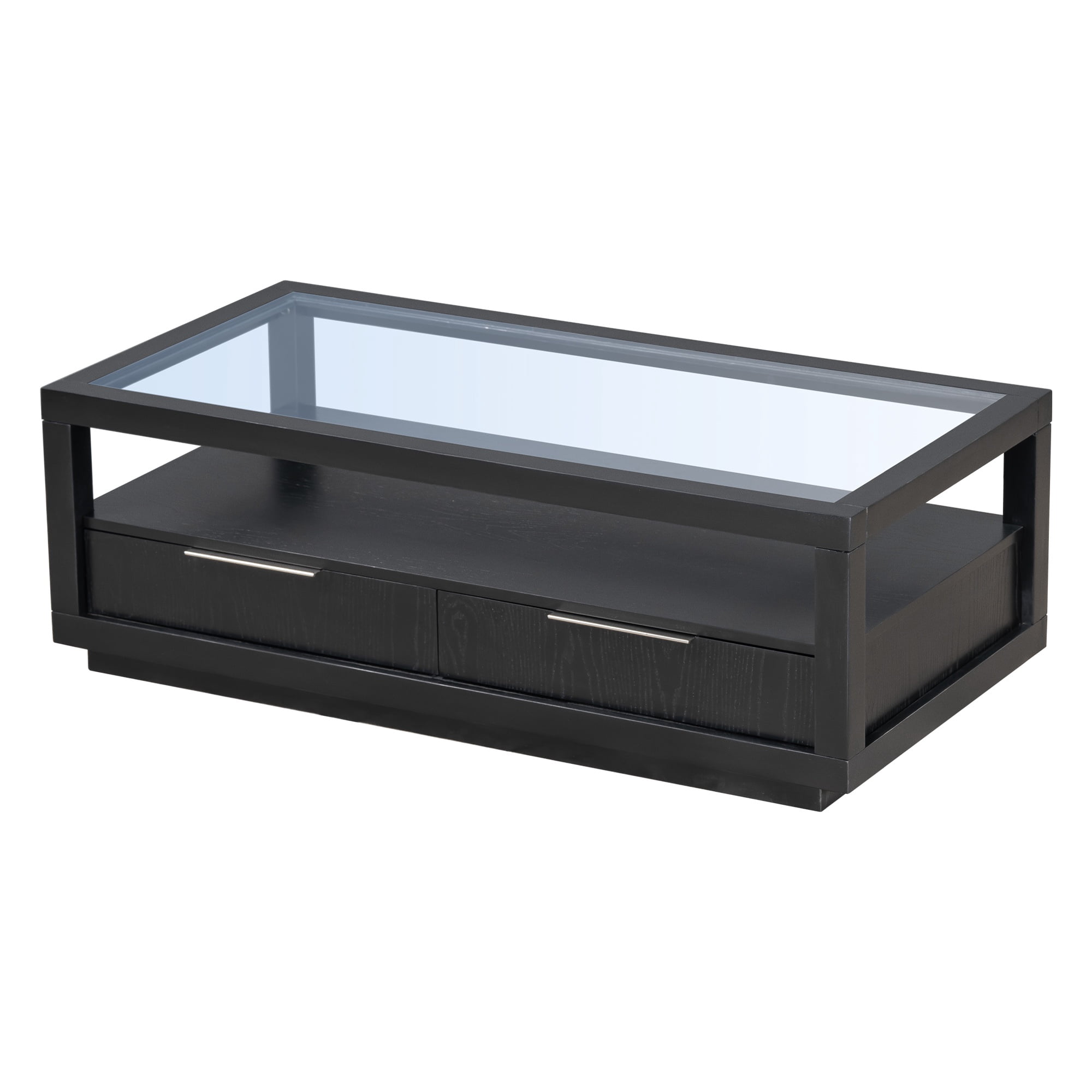 PORKISS Black Coffee Table, Wood Display End Table with 2 Drawers, Modern Center Table with Tempered Glass Table Top and Open Shelf for Living Room, Black