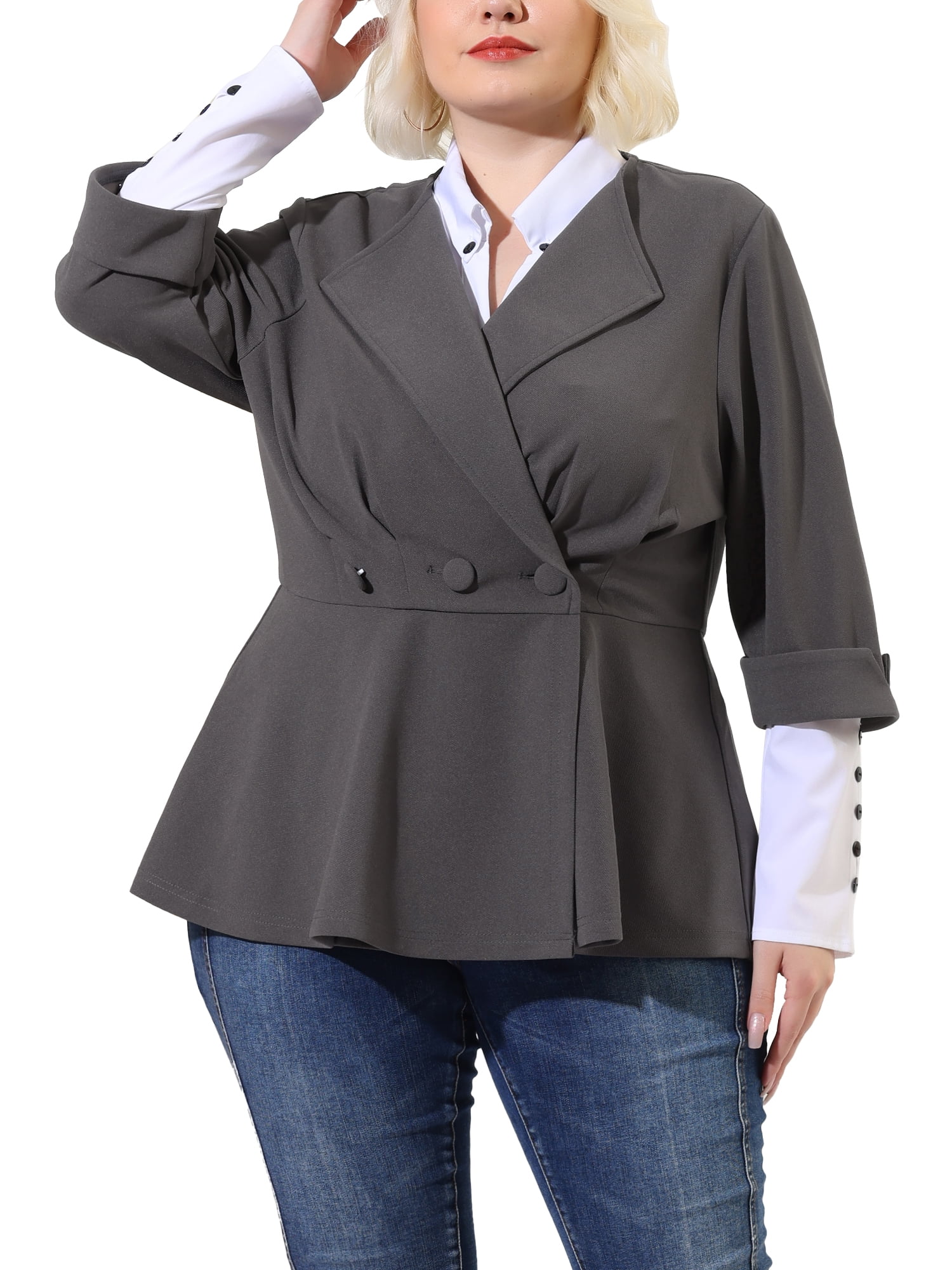 Agnes Orinda Women's Plus Size Blazers Ruffle V Neck Button Ruched Casual Peplum Blazer