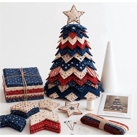 Americana Christmas Tree Quilt Kit, DIY Holiday Patchwork Sewing Craft Kit, Red White Blue Stars & Stripes Craft Set for Adult Beginners, Gifts for Quilting Lovers(1PCS)