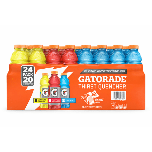Gatorade Thirst Quencher Variety Pack Sports Drink 20 oz Bottles – Lemon Lime Fruit Punch Cool Blue – 24 Ct