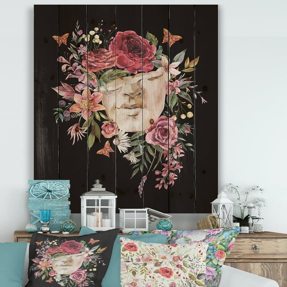 Designart 'Ancient Greek Sculpture Detail With Dry Flowers' Traditional Print on Natural Pine Wood