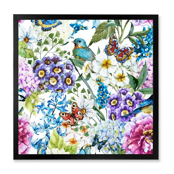 Wildflowers and Vibrant Wild Spring Leaves XII 36 in x 36 in Framed Painting Canvas Art Print, by Designart