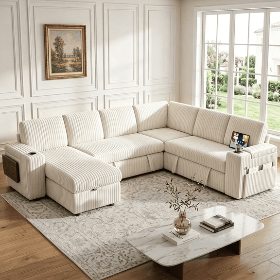 110" Beige Corduroy Modular 7-seater L-shaped Sectional Sleeper Sofa Bed with Pull Out Bed,USB Ports,Cup Holders,Side Pockets,Armrest Storage