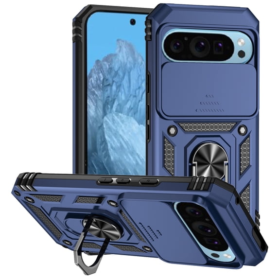 Kryonix for Google Pixel 9 6.3” Phone Case,with Slide Camera Protector,Military Grade Heavy Duty Protection Cover,360 Metal Rotating Ring Kickstand Holder,Armor Shockproof Case,Blue