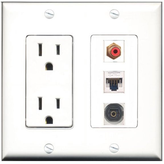 RiteAV - 15 Amp Power Outlet 1 Port RCA Red 1 Port Toslink 1 Port Cat5e Ethernet White Decorative Wall Plate