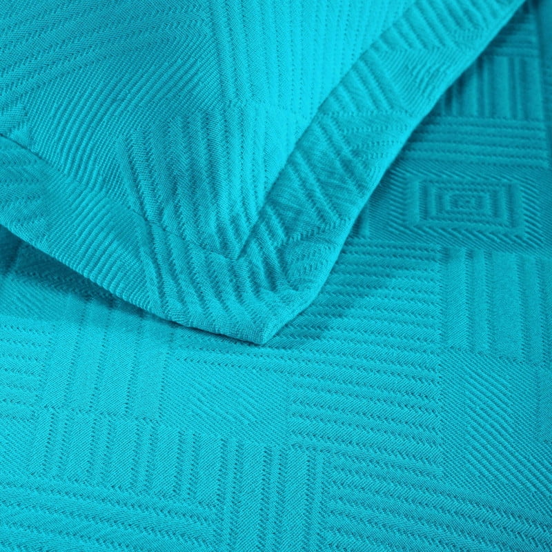 Superior Geometric Fret Cotton Bedspread and Sham Set, 3-Piece Decorative Breathable Bedspreads, Queen, Peacock Blue