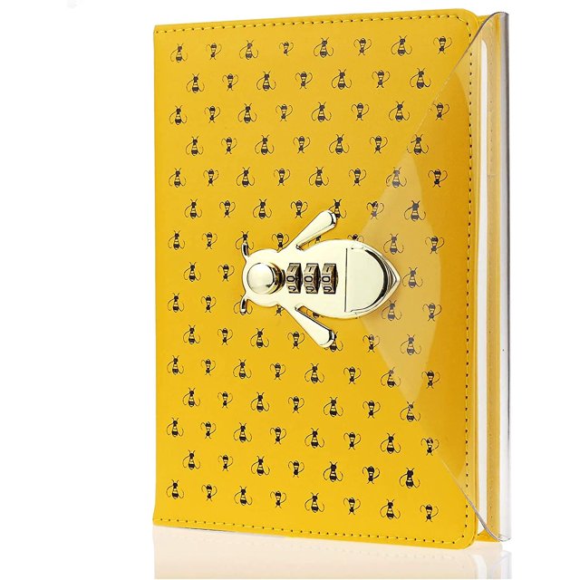Liangnv Diario con cerradura de combinación en forma de abeja, cuaderno de tapa dura de cuero de PU, diario lindo, planificador personal con bloqueo de contraseña forrado A5, organizador secreto