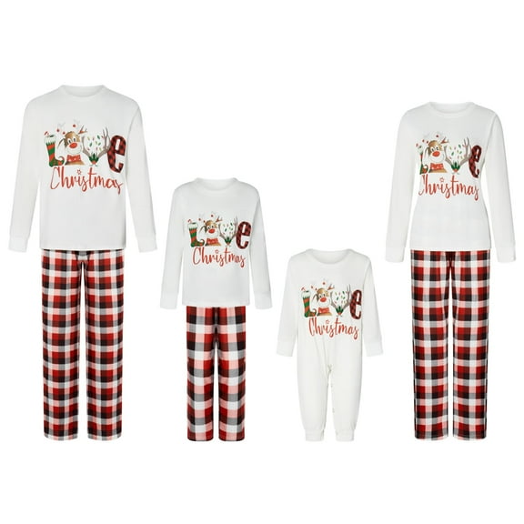 MIPREWUY Family Matching Christmas Pajamas, Baby Romper/Dog Clothes/Letter Deer Print Long Sleeve Tops and Plaid Pants Sleepwear Set