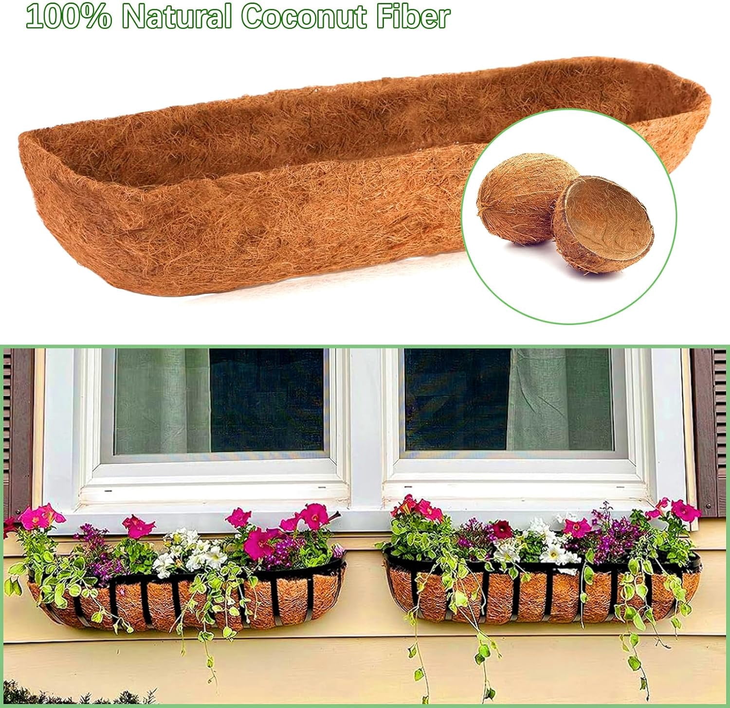 Coco Liners for Planters - 2 Pack 30 Inch Trough Coconut Liners for Planters, Window Box Coco Liners, 100% Natural Coconut Fiber Liners for Wall Hanging Basket, Window Box, Fence Baskets