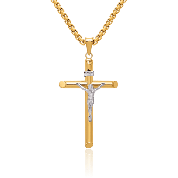 14K Solid Two Tone Gold Lord Jesus Christ Crucifix Holy Cross Necklace Religious Chain Pendant Charm