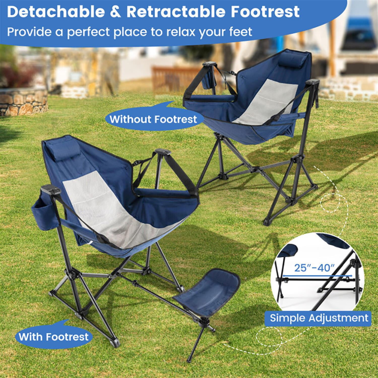 Spaco Portable Camping Hammock Chair with Retractable Footrest and Carrying Bag, Outdoor Folding Patio Chair, Blue