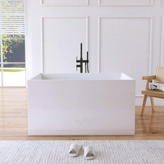 MEDUNJESS 47"×28" Freestanding Soaking Acrylic Bathtub, Rectangular-Shape Soaking Hot Tub with Built-in Seat and Drain, White