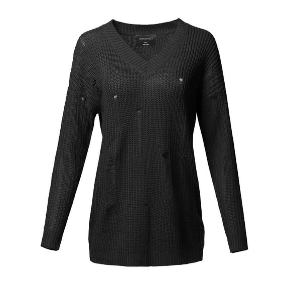 FashionOutfit Women's Casual Solid Stretch Long Sleeve V-neck Distressed Knit Sweater