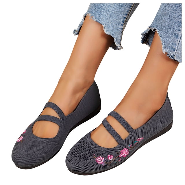Ballerines pour Femmes Confortables à Fleurs Brodées, Chaussures de Robe à Bout Rond, à Enfiler, Ballerines de Marche, Petits Talons Compensés